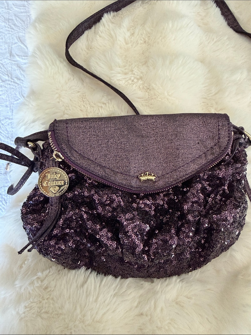 Juicy Couture Plum Sequin Crossbody Bag with Gold Charm